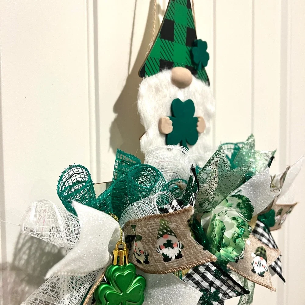 12 inch St. Pats Shamrock Gnome Ribbon, Clay Wreath Rail Handmade/ Painted SPGR1